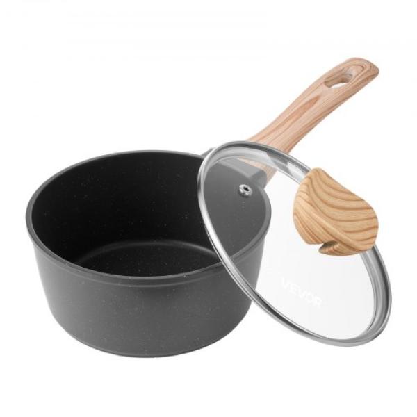 Picture of Vevor LZJG15QTTFLT5OSWC001V0 1.5 qt. Black Nonstick Saucepan with Tempered Glass Lid - Multipurpose Cooking Pot with Detachable Handle - Induction