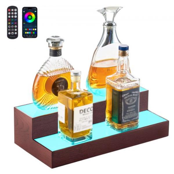 LED Lighted Liquor Bottle Display - 2-Tier 16 in. Whiskey Rack - Illuminated Home Bar Shelf - Supports USB - RF Remote & App Control