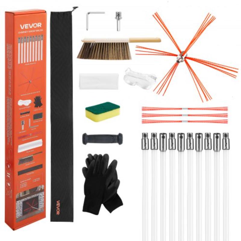 Chimney Sweep Kit - 33 ft. Maximum Extendable Length Chimney Brush - 90 deg Bendable Fireplace Cleaning Tool for Square - Rectangle Chimneys