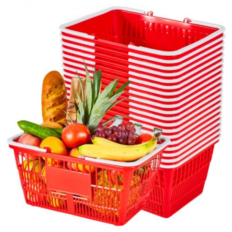 Picture of Vevor DSBDGWL20PCSQD1UT001V0 Shopping Baskets - 21 Liter Stackable PE Plastic Grocery Baskets with Handles - Dense Mesh Structure - Holds up to 20 lbs - Portable for Grocery - Red - 20 Piece