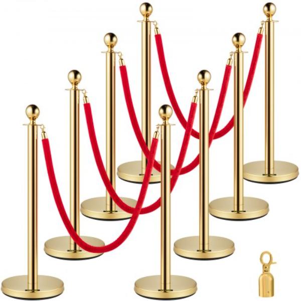 GLZJSQTHR8JT00001V0 Crowd Control Stanchion with 5 ft. Red Velvet Rope Gold Barrier Sturdy Concrete Metal Base - Set of 8