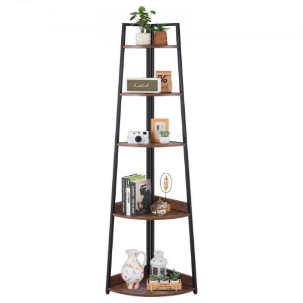 ZLSZJSNJTMK7YJ7FI001V0 5-Tier Corner Shelf - 70 in. Tall Corner Bookshelf - Metal Frame - Wooden Shelves - Industrial - Rustic Brown