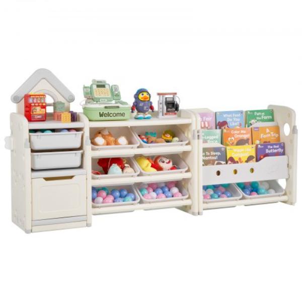 DGNKFSWJSNXSH38ZQ001V0 Kids Toy Storage - 4-Tier Organizer with 10 Movable Bins - Cubby Cabinet with Bookshelf, Gray & Beige