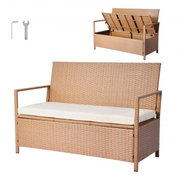 Outdoor Storage Bench - 2-Person PE Rattan Storage Bench - 70 gal Deck Box with Cushion - Weatherproof Outdoor Seating for Patio Garden Balcony Yard