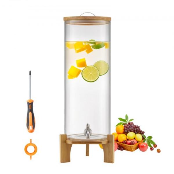 Picture of Vevor YLFPQPGBLFPQKJ53Y001V0 Beverage Dispenser - 3.5 gal Drink Dispenser - Glass Juice Dispenser with Wood Stand - Stainless Steel Spigot - Iced Tea Lemonade Juice Water Dispenser