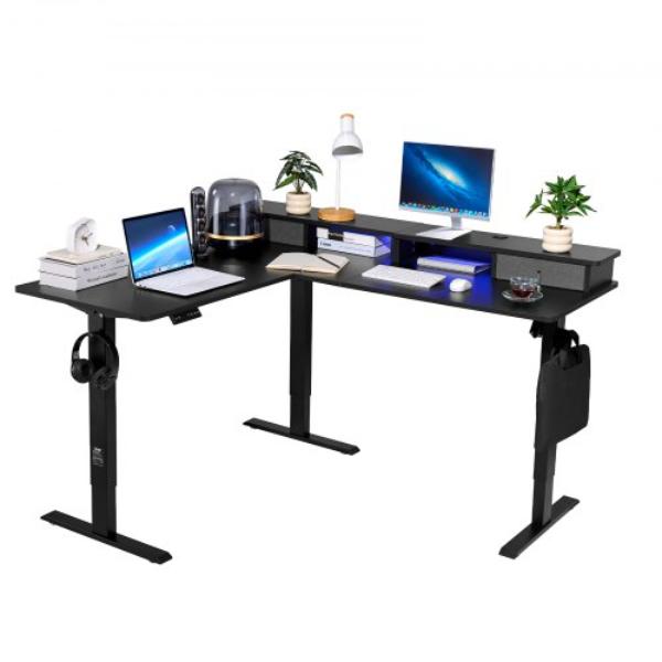 L Shaped Desk - Electric Adjustable Height Corner Gaming Desk - Black - L-Shaped Computer Table with CPU Stand - Dual Hooks - Light Strip