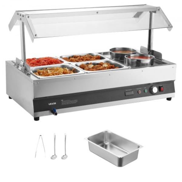 Picture of Vevor DSWPSYTGSMFPUWMI0001V1 Electric Soup Warmer - Two 6.34 qt. Pots & Four 0.5 Pans - Stainless Steel Commercial Food Warmer - 1500W Bain Marie - Soup Station for Restaurant - Buffet