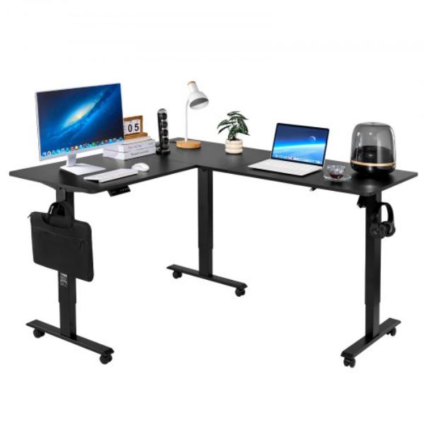 L Shaped Desk - Electric Adjustable Height Corner Gaming Desk - Black - Heavy Duty Carbon Steel - Power Strip - Easy to Assemble