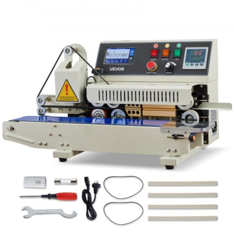 Continuous Bag Band Sealing Machine - 0.24-0.47 in. Seal Width - Horizontal Band Sealer Machine with Ink Printing - Temp & Speed Adjustable