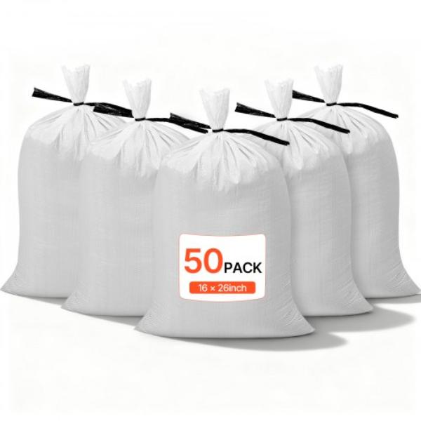 Heavy Duty Sand Bags - 14 x 26 in. Empty Sandbags for Flooding with Tie Strings Woven Polypropylene Sand Bag - 50 lbs - Pack of 50