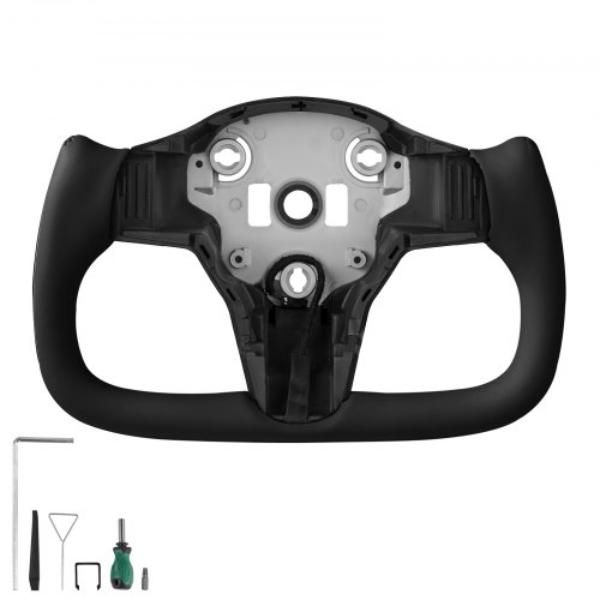 QCFXPZYTSL32I3O9A001V9 Steering Wheel - Carbon Fiber D-Shaped Flat-Bottom - Heating Function - Leather Grip for 2016-2023 Tesla Model 3 - Black