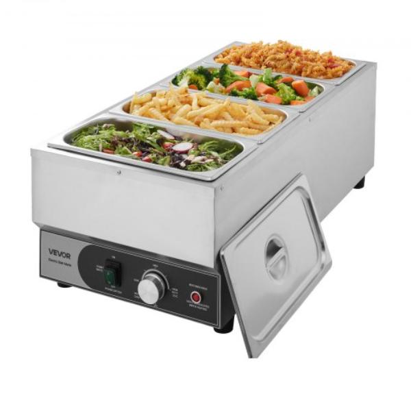 Picture of Vevor SYSPBWQ413FS7TJ9X001V1 Commercial Food Warmer - 1500W Electric Stainless Steel Steam Food Warmer - Fast Heating Countertop Buffet Bain Marie with Four 0.33 Size Food Pans