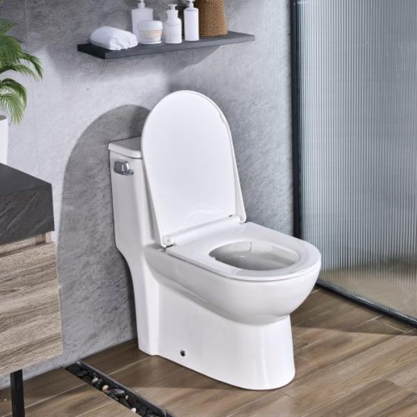 Toilet - Elongated Vortex Left Flush - 1.28 GPF Standard Height 12 in. Rough-In Easy-Clean Skirted Design Comfortable Chair Seat - White & Silver