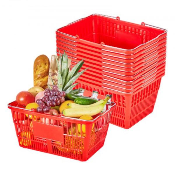 Picture of Vevor DSBDGWLSL21LM6U8Q001V0 Shopping Baskets - 21 Liter Stackable PE Plastic Grocery Baskets with Metal Handles - Red - 12 Piece