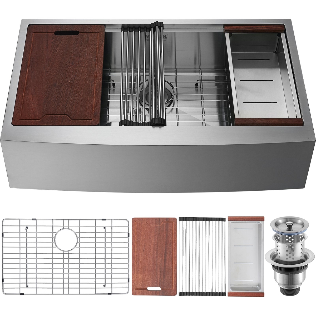 Picture of Vevor NSSC30YCYTJ066NW9V0 Farmhouse Kitchen Sink, 304 Stainless Steel Drop-In Sinks, Single Bowl Basin with Ledge & Accessories