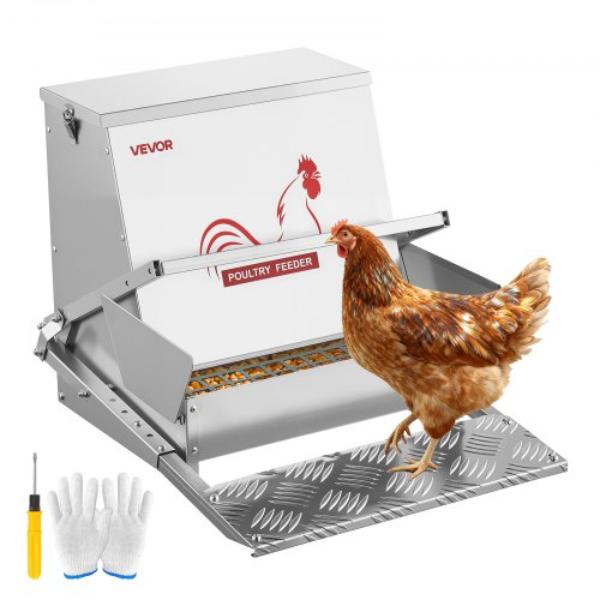 Automatic Chicken Feeder - 40 lbs - Rainproof Treadle Poultry Feeder - Lockable Lid - No Waste - Galvanized Steel Construction - Outdoor Use