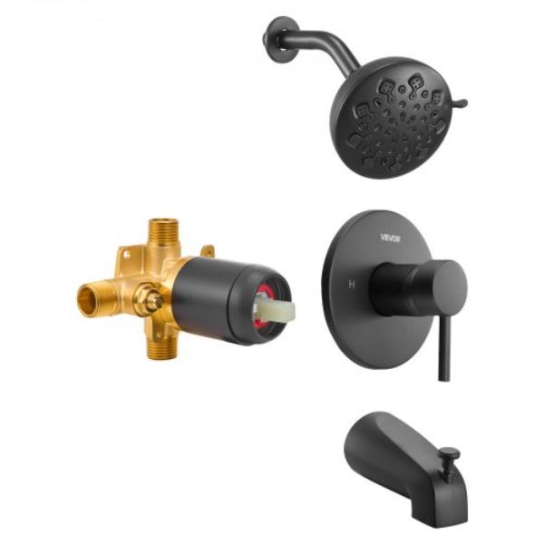 Tub & Shower Faucet Set - 4.7 in. Rainfall Shower Head - Bathtub Spout - 9-Setting Adjustable Spray - Single-Handle Tub Trim Kit - Matte Black