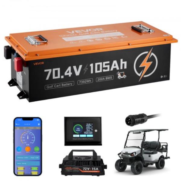 72V 105AH Lithium Golf Cart Battery - Lifepo4 Battery Kit - 15A Charger - Built-in 200A BMS - Bluetooth & Touch Monitor - 2C Discharge - 4000 Cycles