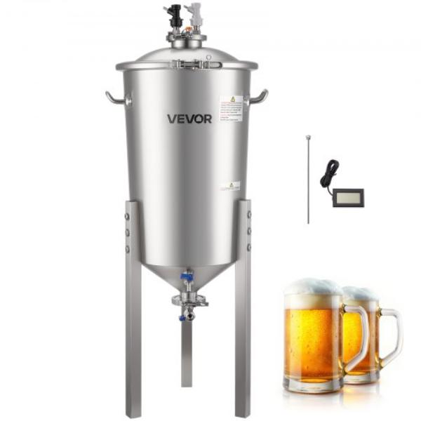 Picture of Vevor FSSPJNJXT2FTG68GV001V0 8 gal Stainless Steel Conical Pressure Fermenter - 15 PSI for Wine - Beer Brewing Equipment