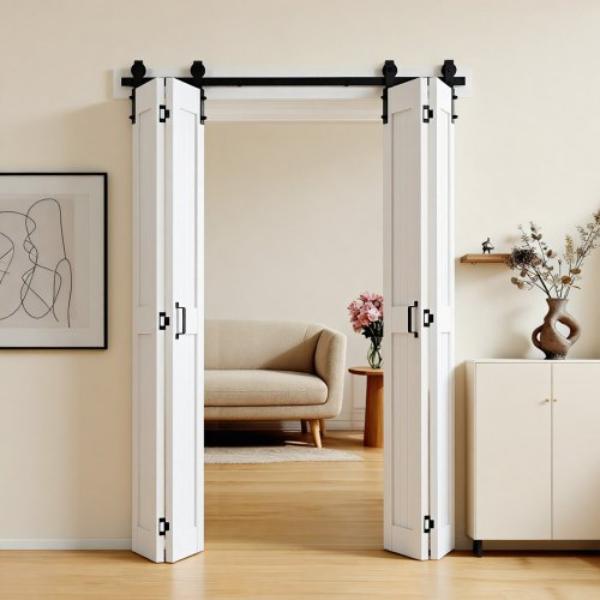 Bifold Barn Door - 60 x 84 in. MDF Bi-Fold Sliding Closet Doors Hardware Kit Included H-Frame Space-Saving Design Pre-Assembled Panels - White