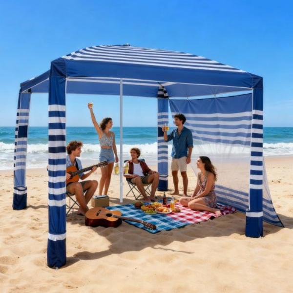 Beach Cabana - 8 x 8 ft. Beach Canopy with Side Wall - UPF 50 Plus Protection - Adjustable Height Portable Shade Sun Shelter Umbrella - Navy Stripes