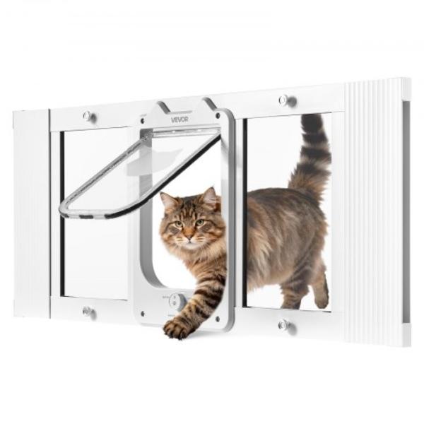 Cat Door for Window - Adjustable 31-36 in. - 4 Lock Modes - Aluminum Frame - High-Transparency Glass - Magnetic Closure - Weatherproof - White