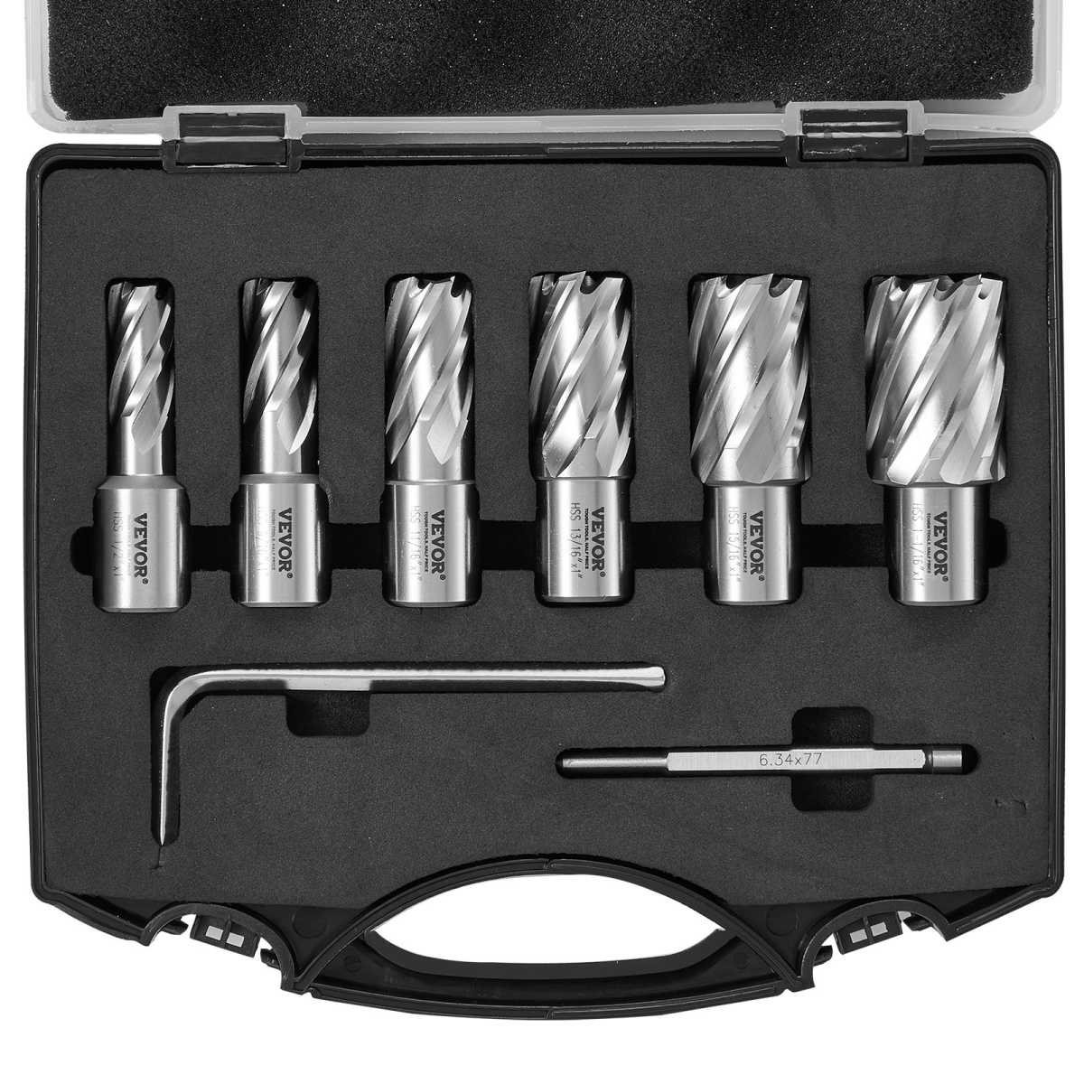 Picture of Vevor GSGTZYC6J100O3DW2V0 Annular Cutter Set&#44; Weldon Shank Mag Drill Bits&#44; 1 in. Cutting Depth&#44; 0.50 to 10.62 in. Cutting Diameter - 6 Piece