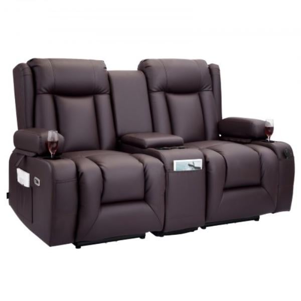 Loveseat Recliner Sofa - Power Reclining Couch - PU Leather - Heating & Massage - Center Console - USB Ports - Cup Holders - Side Bags