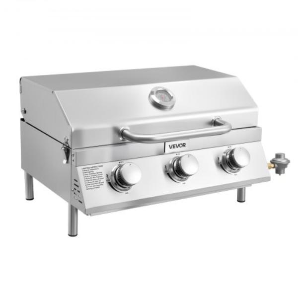 Tabletop Gas Grill - 3-Burner Stainless Steel Portable Propane Grill - 22500 BTU Total for Outdoor Cooking - Patio - Party - Camping - RV