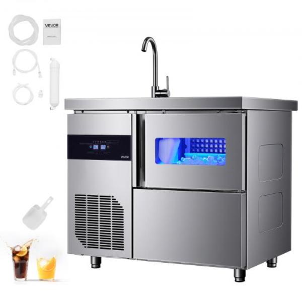 Picture of Vevor GZTZBJZJ132L5U95W001V1 Commercial Ice Maker Machine - 132 lbs Stainless Steel Worktop Ice Machine with Sink - 30 lbs Storage & 70 Cubes per Cycle for Home Bar Restaurant
