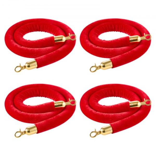 Red Velvet Stanchion Ropes - 5 ft. Crowd Control Stanchion Red Velvet Ropes with Gold Hooks - Post Queue Barrier Carpet Rope for Events - 4 Piece