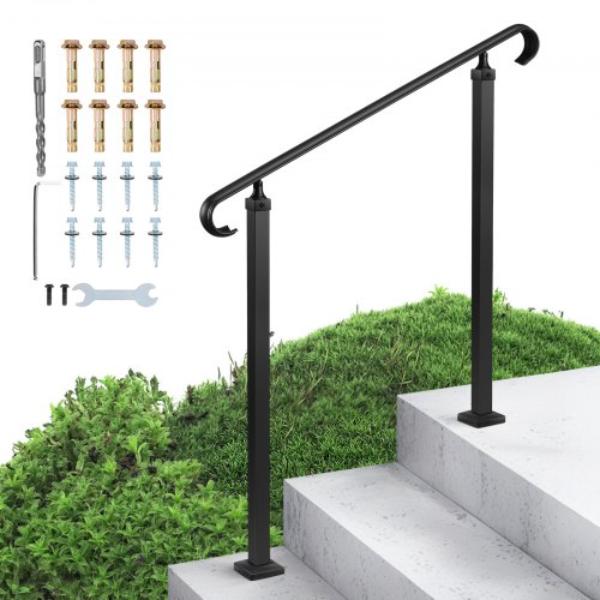 Handrails for Outdoor Steps - 2-3 Step Adjustable Height - Carbon Steel Transitional Handrail with Installation Kit - Matte Black
