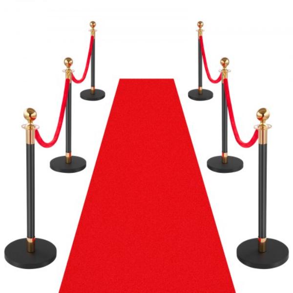 Stanchion Post - Crowd Control Barrier Set with Red Carpet - 4 Red Velvet Ropes - Stainless Steel Gold Stanchion Post Queue - Black - 6 Piece