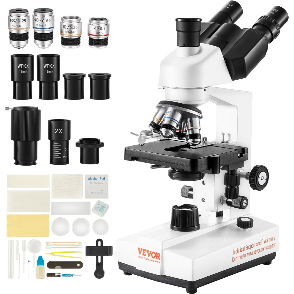Picture of Vevor FSXWJ5000XSME13QFV5 Compound Trinocular Microscope&#44; 40X-5000X Magnification Trinocular Compound Lab Microscope with Two-Layer Mechanical Stage