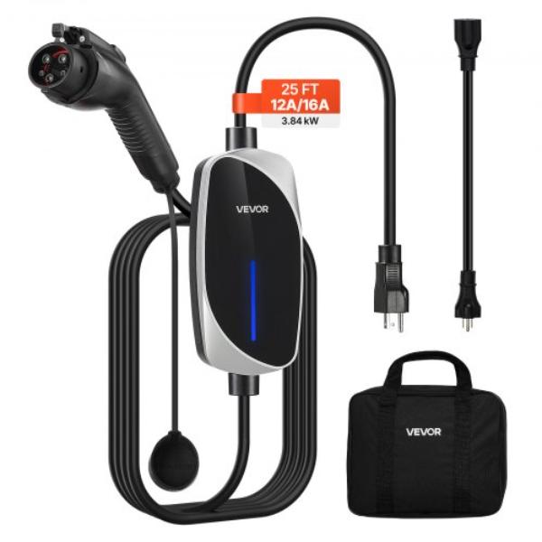 Level 1 & 2 EV Charger - 16A - Electric Vehicle Portable Charger with 25 ft. Charging Cable - 120V-240V - NEMA 6-20P Plug NEMA 5-15 Adapter