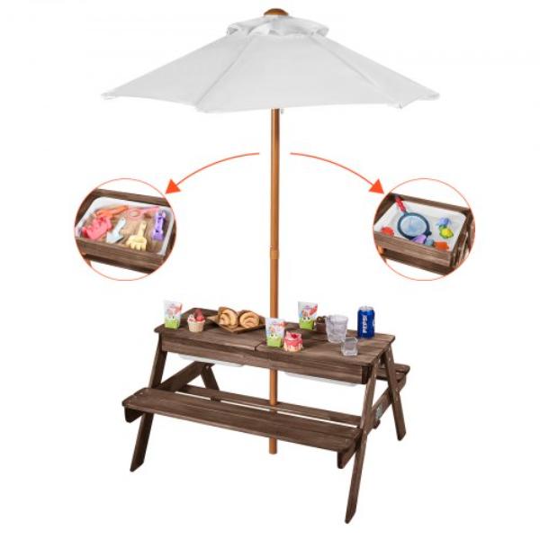 2DFZ29FTKZDMPDRJRV0 Kids Picnic Table with Umbrella 3-in-1 Sand Water Table Outdoor Wooden Table & Bench Set - Walnut