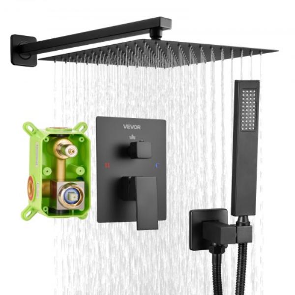 Shower Faucet Set - Rainfall Bathroom Shower System with 12 in. Square Rain Shower Head & Handheld Spray - Wall Mounted Bath Fixtures - Matte Black