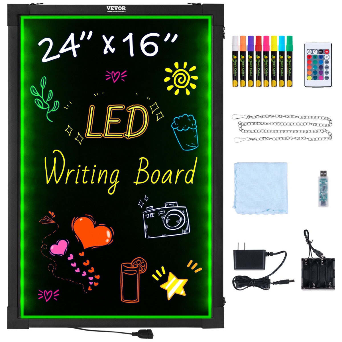 LEDSXLYB16X2G2DYIV5 LED Message Writing Board, 24 x 16 in. Illuminated Erasable Lighted Chalkboard, Neon Effect Menu Sign Board