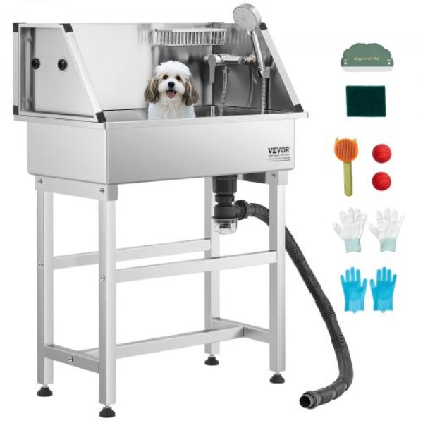 34 in. Stainless Steel Dog Washing Station - Pet Grooming Tub with Hot & Cold Faucet - Showerhead - No-Bend All-in-One Bathtub for Small Cats & Dogs