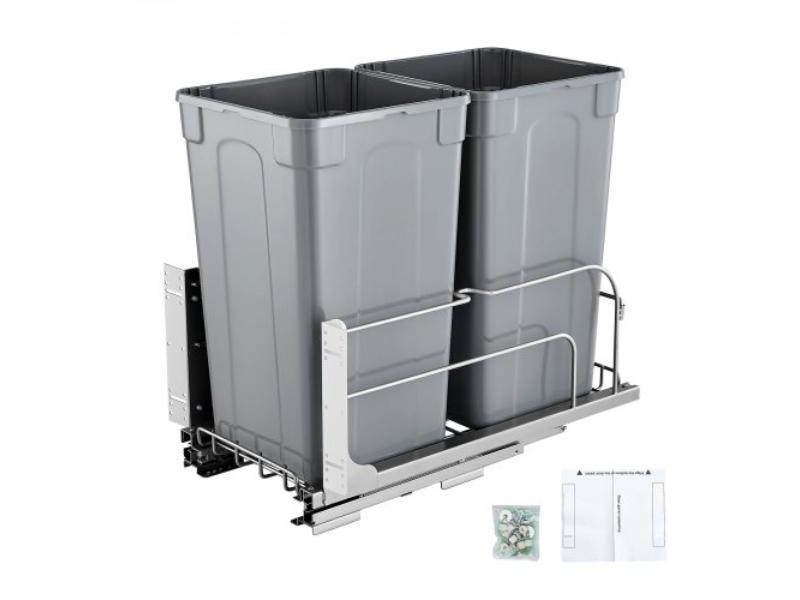 CFLJTDTHSST5PSCNSV0 27 qt. x 2 Double Pull-Out Trash Can with Under Mount Kitchen Waste Container for Kitchen Cabinet Sink, Gray