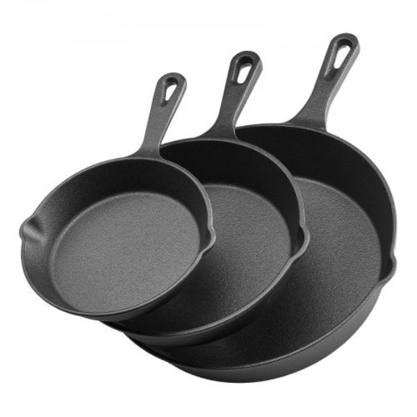Picture of Vevor ZTCGSJTCT681KMJDP001V0 Cast Iron Skillet - Frying Pan Set - 6-8-10 in. Heavy-Duty Black Kitchen Cookware with Heat-Resistant Handle Pre-Seasoned for Oven Gas Electrical Induction - 3 Piece