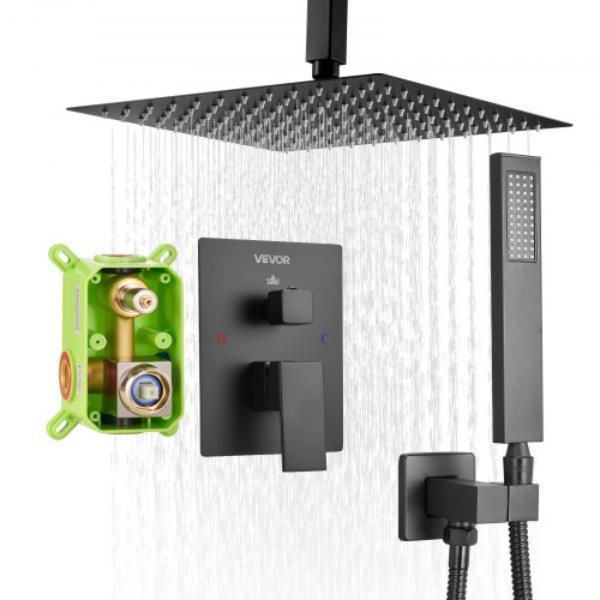 Shower Faucet Set - Rainfall Bathroom Shower System - 12 in. Square Rain Shower Head - Handheld Spray - Ceiling Mount - Matte Black