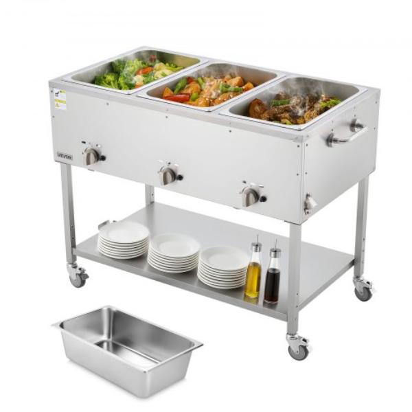 Picture of Vevor RQZQZLDKDLKZTRZF9001V0 3-Pan Commercial Propane Steam Table - Liquid Propane Gas Outdoor Soup Warmer - Stainless Steel - Independent Temp Control