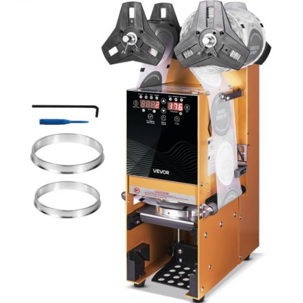 QZDNCFKJJQZDVAD8L001V1 Fully Automatic Cup Sealing Machine - 500-650 Cups per Hour - Electric Boba Tea Sealer - Gold