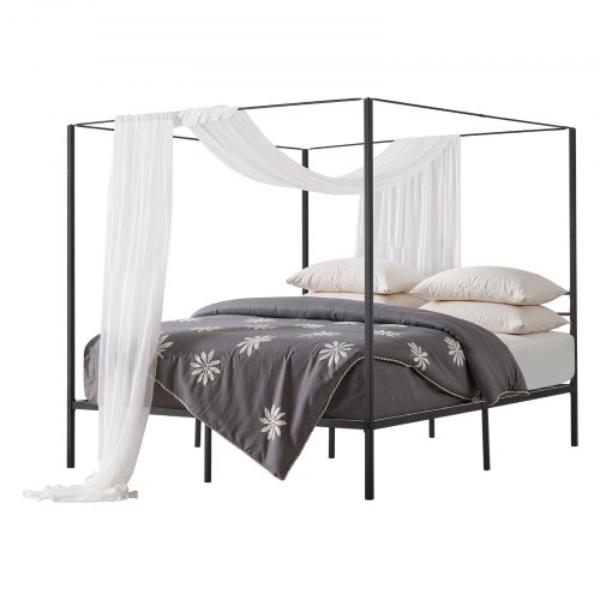 King Size Canopy Bed Frame - Metal Canopy Bed with Four Posters - Heavy Duty Steel Slats Support - Underbed Storage Space - Black
