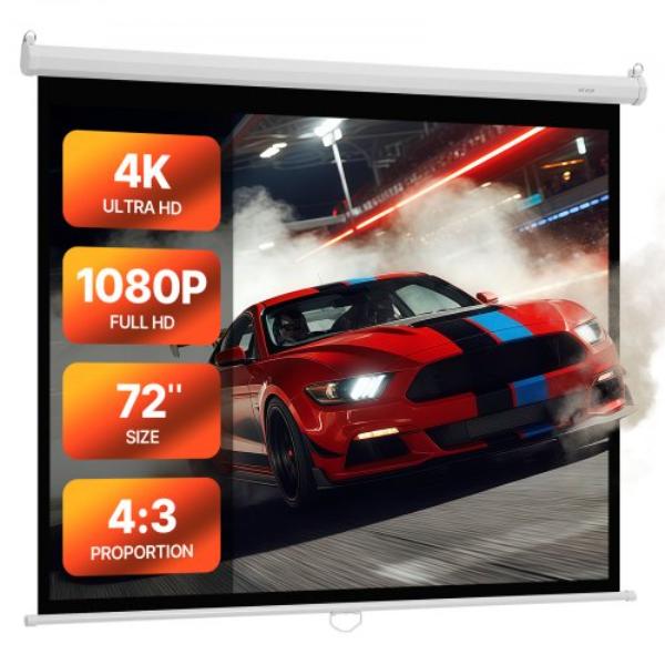 Manual Projector Screen - 72 in. 4-3 4K 1080 HD Retractable Pull Down - Wall Mounted Movie Projection Portable Display for Home Office Theater