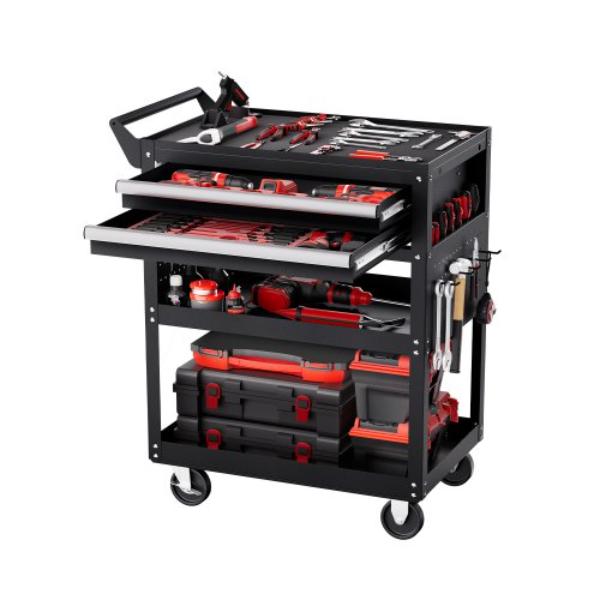 5-Tier Tool Cart - Black - 400 lbs - Rolling Work Cart with 2 Drawers & Pegboard - Mechanic Tool Storage Organizer with Locking System