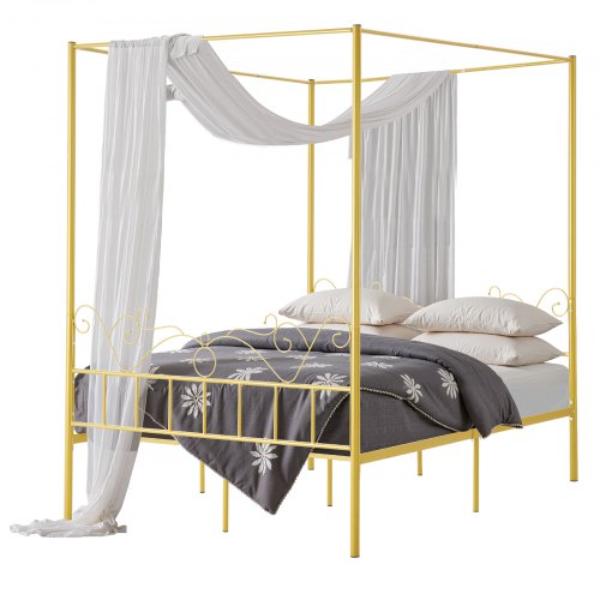 Queen Size Canopy Bed Frame - Metal Canopy Bed - Minimalist Headboard - Four Posters - Heavy Duty Steel Slats - Underbed Storage Space - Gold