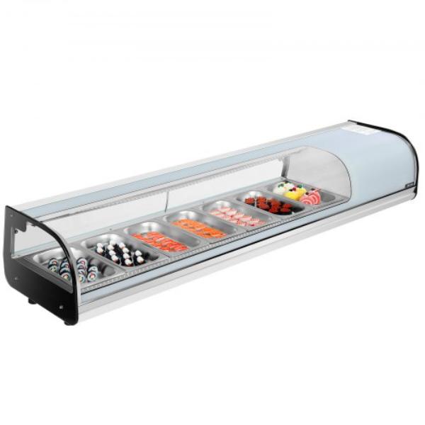 Picture of Vevor LZSSZSJTSYX71MGQZ001V1 Sushi Display Case Refrigerator - 2.5 cu. ft. Commercial Sushi Case - 7-Pan Countertop Showcase with Curved Glass - LED Lighting - Digital Temperature Control