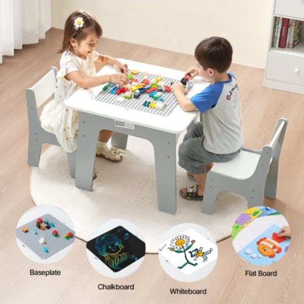 4 in 1 Kid Activity Table & 2 Chairs Set - Graffiti & Building Blocks Double-Sided Tabletop - Toddler Play Table with Storage - White